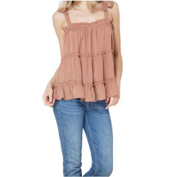 Cozy Co. Casual Boutique Sand Tiered Shoulder Tie Strap Woven Tank - Picture 7 of 7